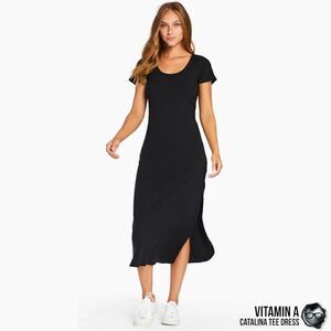 VITAMIN A CATALINA TEE LONG DRESS IN BLACK ORGANIC COTTON STRETCHY RIB KNIT MIDI